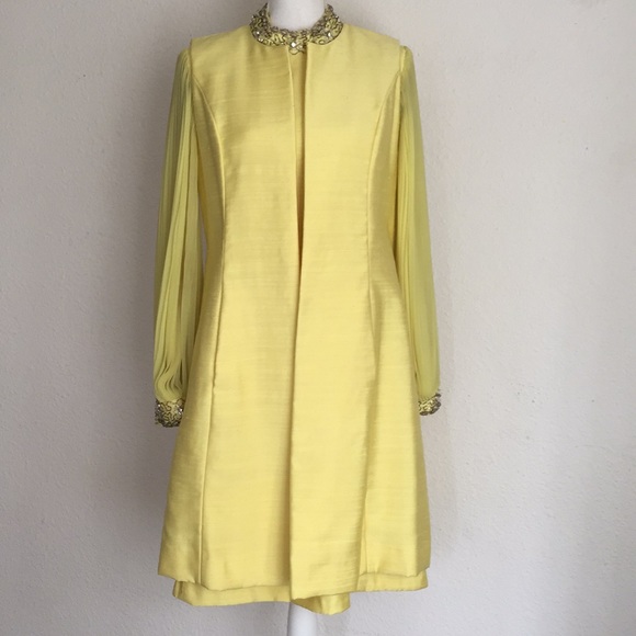 Vintage 1960s Mod Beaded Raw Silk Dress + Vest Duster Pleated Sleeves - Picture 2 of 14